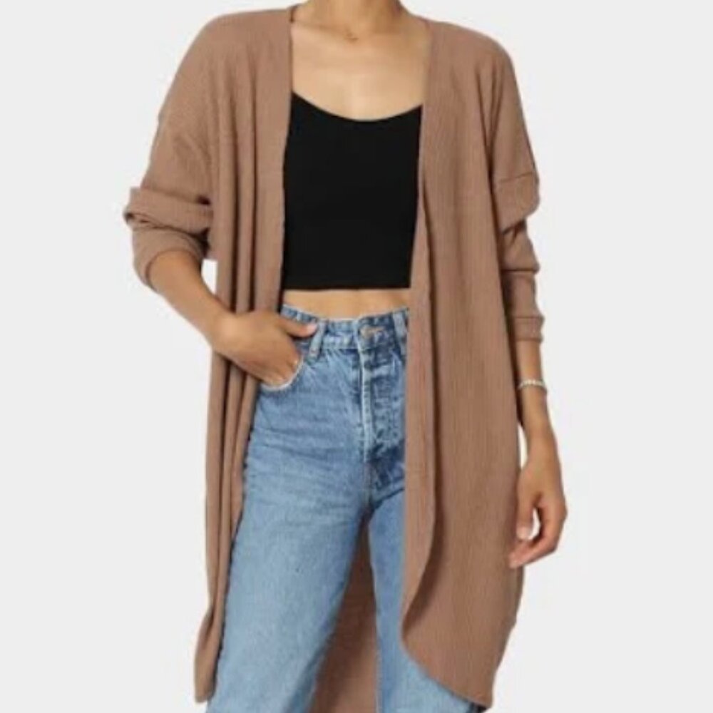 Cocobleu sweater long tan cardigan, open drape, embossed, small